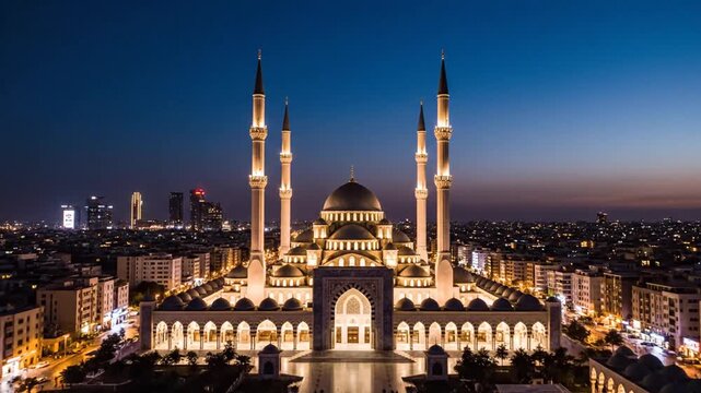 Magnificent view of the illuminated mosque at night with city skyline