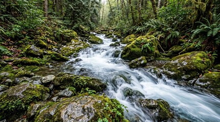 Lush Green Forest Stream with Rushing Water and Mossy Rocks.