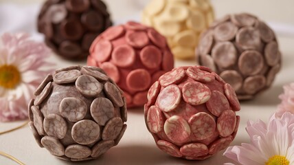 Obraz premium Chocolate truffles with honeycomb pattern on white surface with flowers