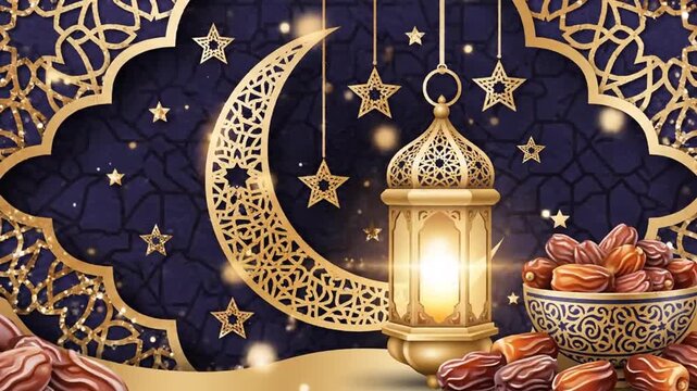Elegant Ramadan design with crescent moon, lantern, stars, and dates