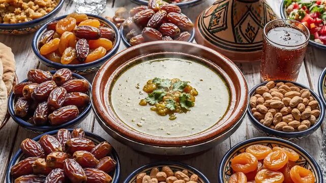 Moroccan iftar table setting with harira soup, dates, and dried apricots