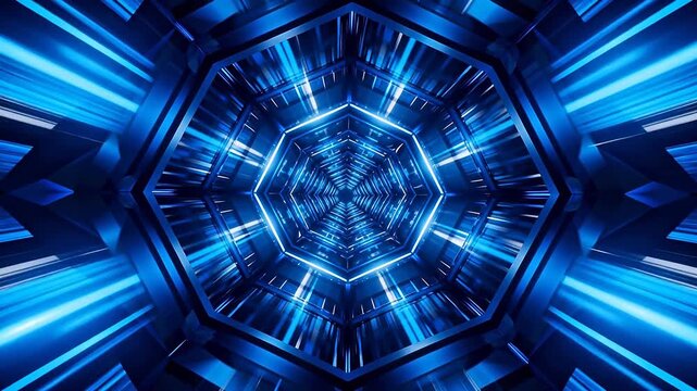 Futuristic blue hexagonal tunnel with symmetrical perspective