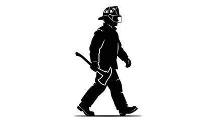 Obraz premium Firefighter walking with axe in hand wearing protective gear