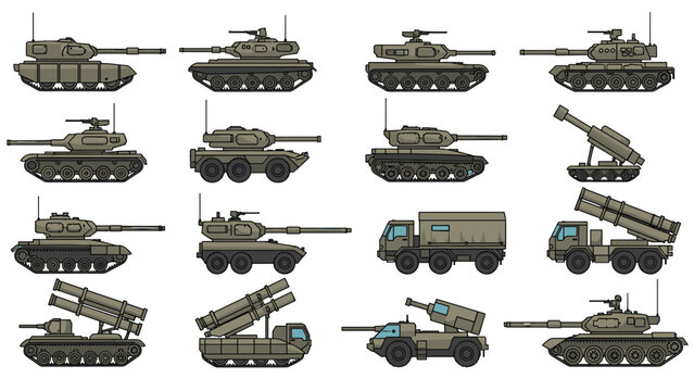 Extensive collection of various pixel art military vehicles, including tanks and missile launchers, ideal for retro gaming and strategy themes.