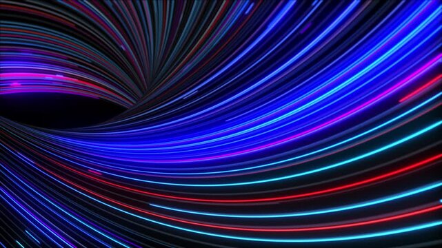 Abstract neon light trails with curved wave motion and glowing blue and pink lines.
