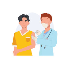 Doctor wearing mask gives vaccine injection to adult male patient in a clinic during a vaccination campaign