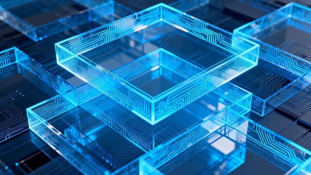 Stacked transparent blue cubes with circuit patterns in digital space