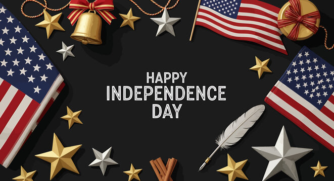 Vibrant Patriotic Display Celebrating United States Independence Day with Stars, Flags, and Festive Embellishments on a Dark Background