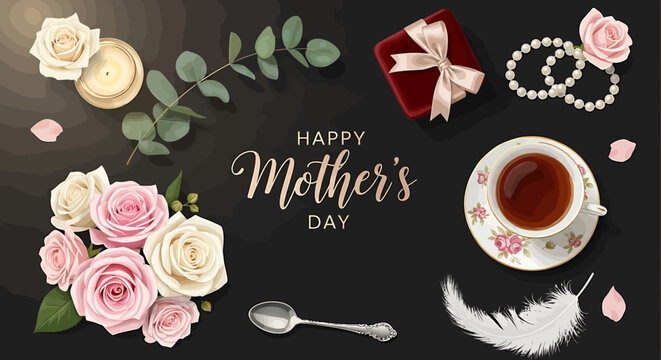 Elegant Mother's Day flat lay with roses, gift box, teacup, and pearl necklace on dark background