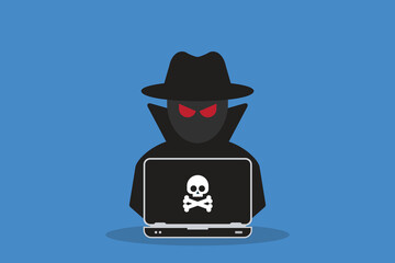 Cybersecurity Hacker Attack Concept &ndash; Anonymous Cyber Criminal with Laptop and Malware Skull Icon, Internet Security Threat, Data Breach, Phishing and Hacking Vector Illustration