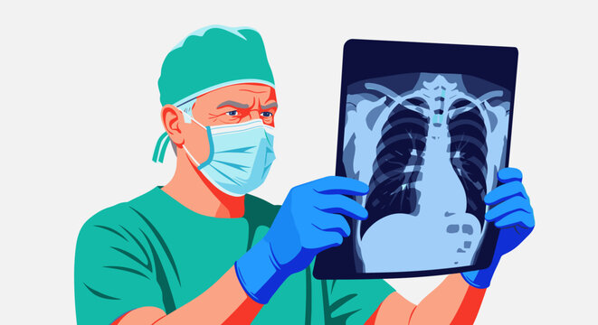 vector of doctor in medical mask and gloves examining a chest X-ray, pulmonary diagnosis, medical checkup, healthcare professional