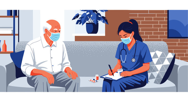 vector of nurse consulting with elderly male patient at home, home care, medical visit, senior healthcare