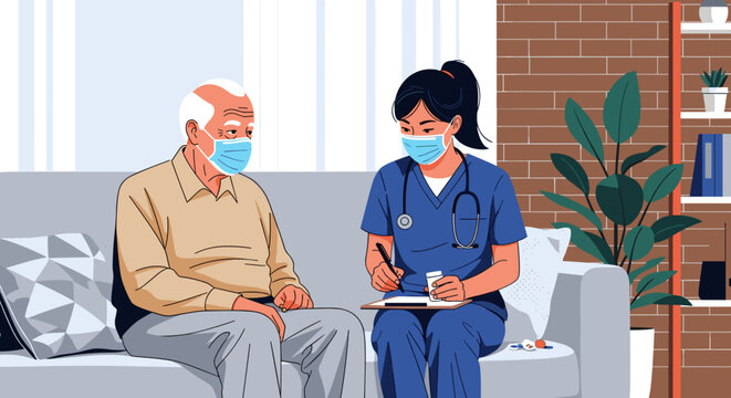 vector of nurse wearing mask consulting with elderly patient at home, senior medical care, chronic disease management
