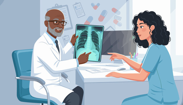 vector of doctor showing chest X-ray to a medical assistant, professional discussion, pulmonary disease diagnosis