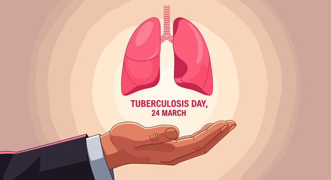 vector of hand holding glowing human lungs with 'Tuberculosis Day, 24 March' text, world TB day awareness concept