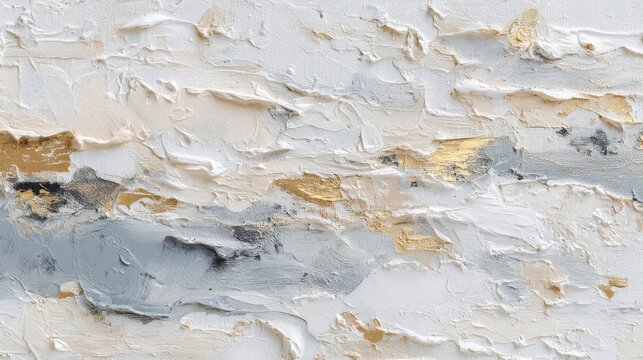 Abstract oil painting with heavy impasto texture. White grey and gold metallic strokes on canvas. Artistic background for luxury interior design. Creative craft fine wall art concept.