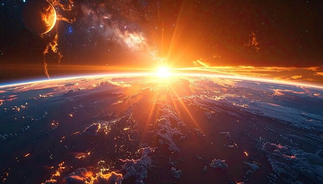 Spectacular view of a vibrant planetary sunrise over the cloud-covered horizon with a neighboring celestial body visible.