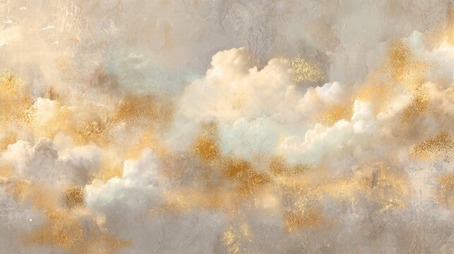Abstract mural with clouds and golden dust texture. Artistic wallpaper design with soft fluffy sky and glitter elements. Elegant decorative background for interior wall decoration.