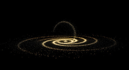Fototapeta premium Mesmerizing golden stardust forms a luminous cosmic spiral, evoking a sense of magical energy and celestial wonder in an ethereal, abstract galaxy design, perfect for backgrounds and digital art
