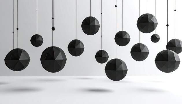 A collection of suspended, low-poly black geometric orbs against a stark white background.