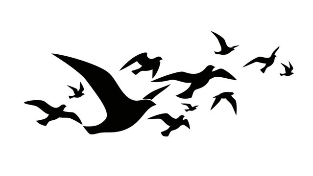 Silhouettes of flying birds in a flock against a white background.