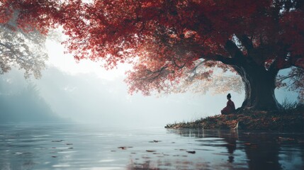 Woman meditating under a large maple tree by the river. Zen practice in peaceful autumn nature landscape. Mindfulness session and spiritual wellness. Serene outdoor meditation concept.