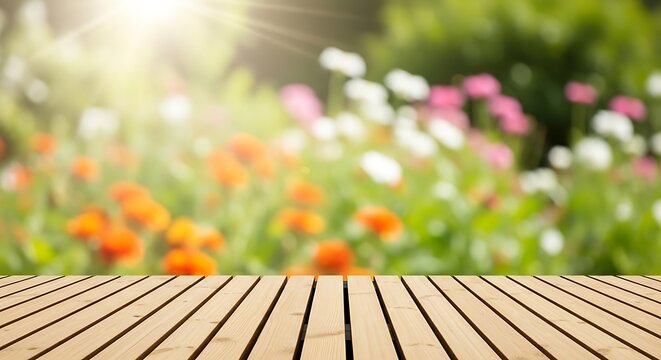 Wooden deck table top with colorful flowers and greenery in background garden scene