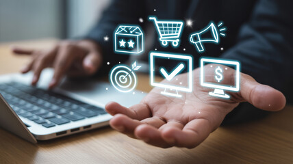 Businessman presenting e-commerce and finance icons from hand