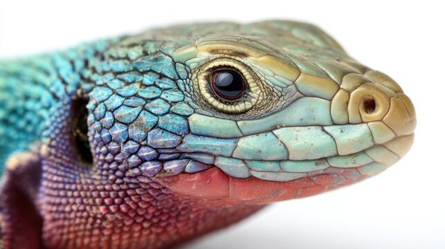 Green ocellated lizard head close up. Macro view of reptile skin texture and eye. Colorful wild animal portrait representing nature, biology, zoology, wildlife conservation habitat.