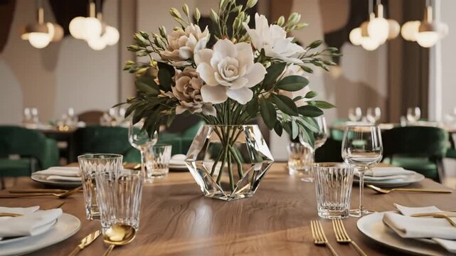 Luxurious restaurant dining experience with elegant flower arrangement and green velvet chairs under pendant lights