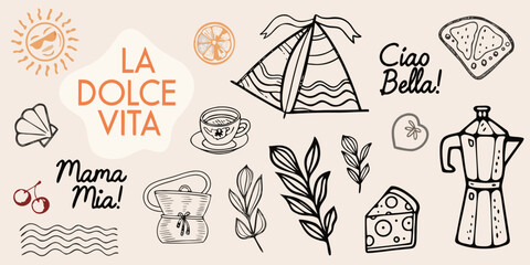 A collection of italian themed doodle illustrations in black and white © Dilip