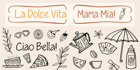 Italian themed doodle illustration with phrases and travel elements © Dilip