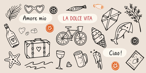 Whimsical italian themed doodles including hearts fish and travel items © Dilip