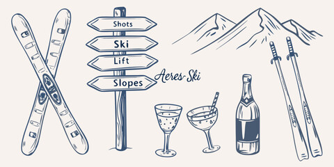 Skiing themed sketch with directional signs equipment and celebratory items © Dilip