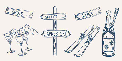 A collection of hand drawn ski resort elements and celebratory items