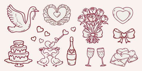 Romantic hand drawn elements including swans hearts cake and champagne © Dilip