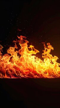 Vibrant orange and yellow flames passionately rise against a dark backdrop.