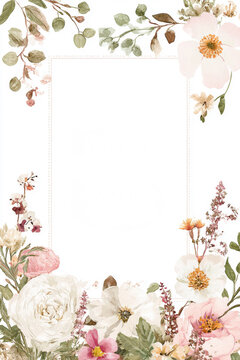 Elegant Watercolor Floral Frame on White and Pale Pink Background