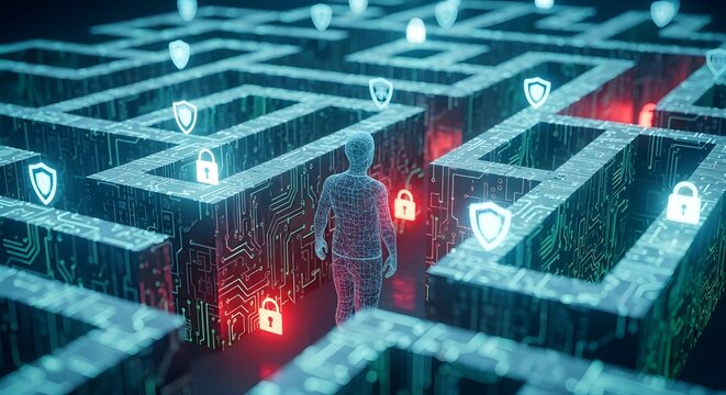 Man navigating a digital maze with glowing locks