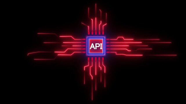 Api microchip with red neon circuit board animation moving electricity glowing technology