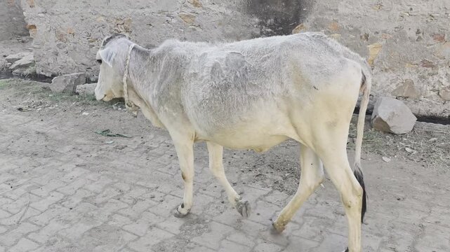 A sacred Indian cow walking freely along a small rural village road, surrounded by traditional houses, dusty paths, and green fields, peaceful countryside atmosphere, natural sunlight, authentic India