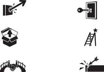 Black and white icons depicting concepts of opportunity success and progress