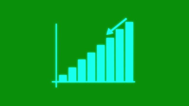 Cyan neon bar graph animation with rising columns and downward arrow on green screen background