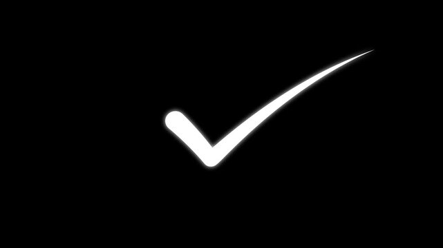 Animated checkmark line drawing motion graphic white glowing symbol on black background