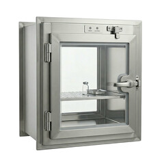 Cleanroom pass through box with stainless steel chamber contamination control and small vial on shelf conveying sterile handling confidence