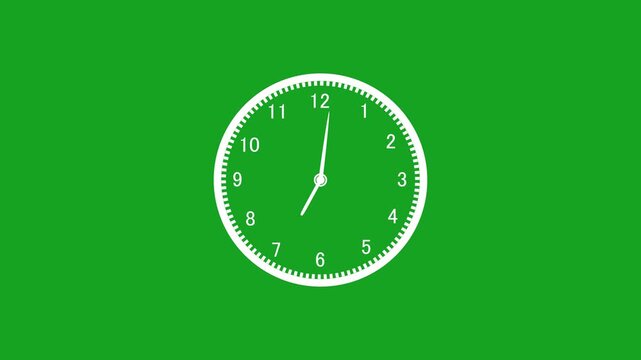 Analog clock animation on green screen background showing fast time progression in motion