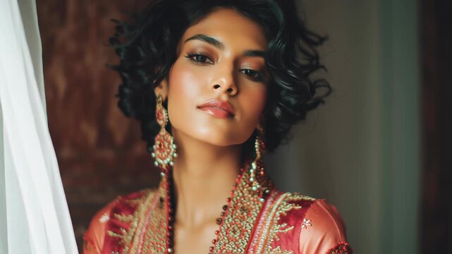 Indian woman modern fashion portrait, fusion of traditional elegance and contemporary clothing, soft lighting, refined style commercial look, Elegant woman gazes softly downward. Her dark curls frame 