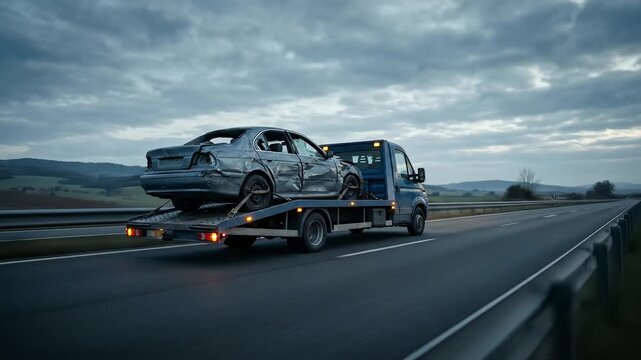 Tow truck carrying a wrecked car after an accident. Damaged vehicle being transported on a highway. Roadside assistance and auto insurance concept
