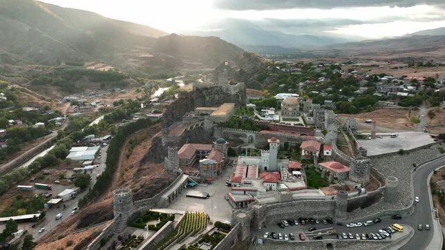 Cinematic aerial drone footage of Rabati Castle, a historic fortress complex located in Akhaltsikhe, Georgia.