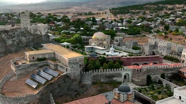 Cinematic aerial drone footage of Rabati Castle, a historic fortress complex located in Akhaltsikhe, Georgia.
